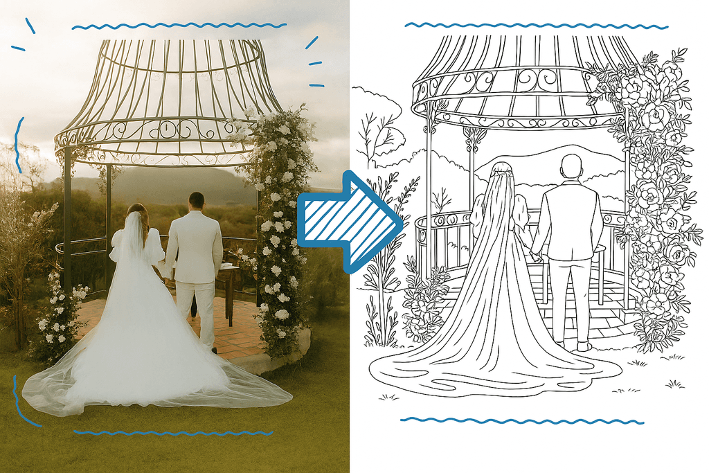 Before and after photo-to-coloring-page conversion by Coloring.app, showing a bride and groom at a wedding altar on the left and the printable coloring page version on the right.