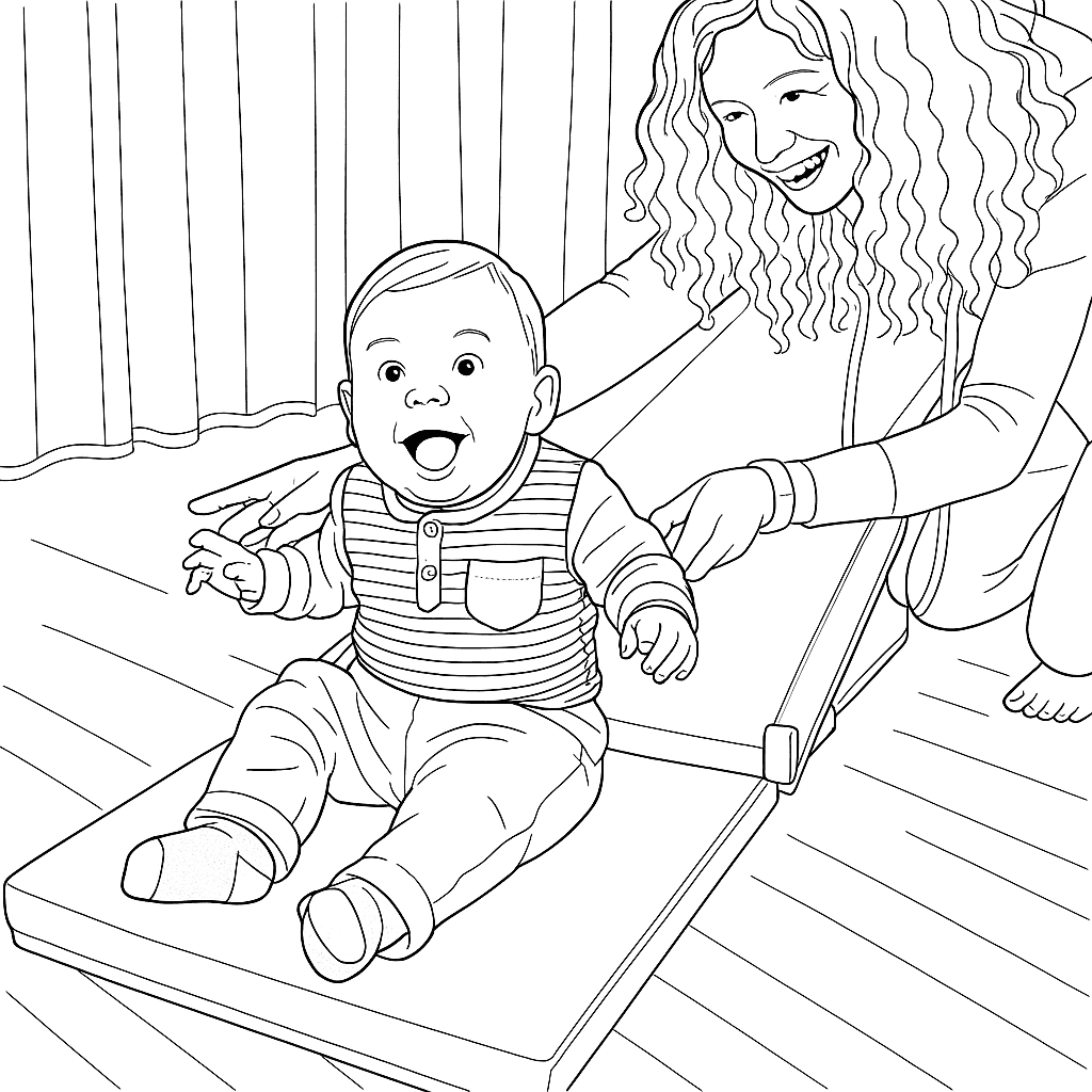 AI-generated coloring page from photo of a baby boy sliding with his smiling mother on Coloring.app.