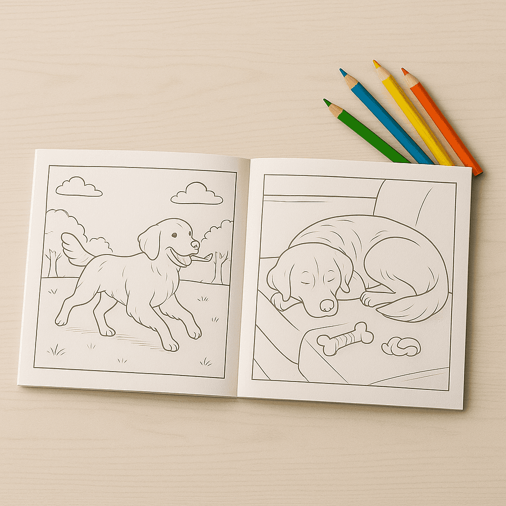 Coloring book with AI-generated coloring pages of a dog fetching a ball and sleeping on a couch, created on Coloring.app's prompt tool.