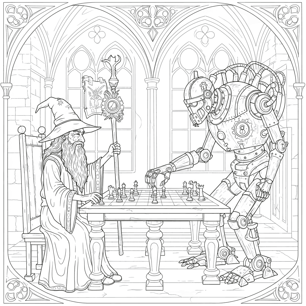 AI-generated coloring page of a wizard vs. robot chess match, created from a prompt on Coloring.app's text-to-coloring tool.