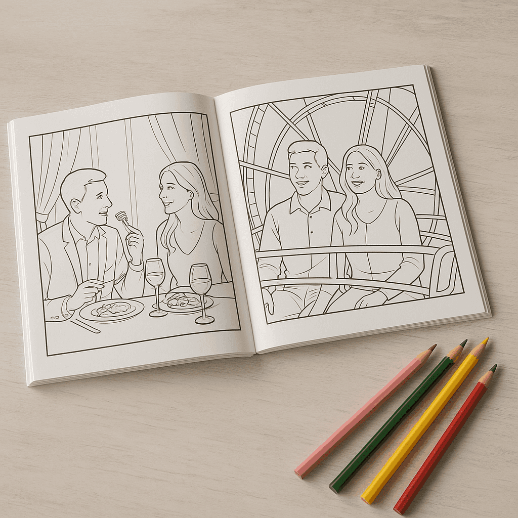 Open coloring book with AI-generated pages of a couple dining and on a Ferris wheel, from Coloring.app.
