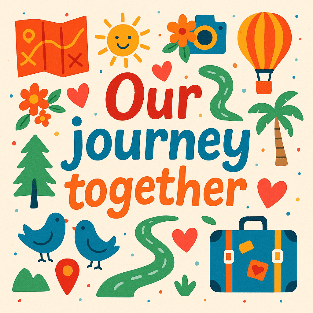 Prompt 'Our Journey Together' with travel stickers like maps and balloons, for Coloring.app's AI coloring generator.