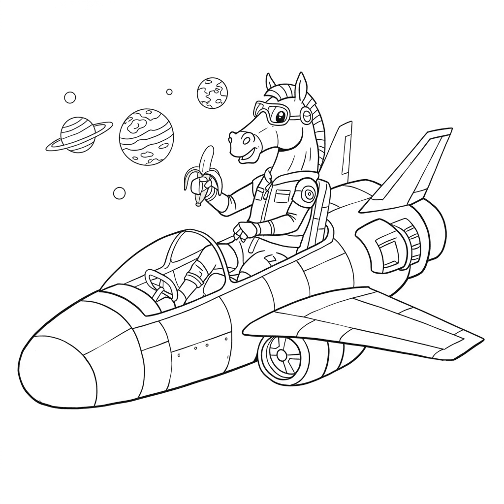 AI-generated coloring page of a horse piloting a rocket ship with a banana, from a prompt on Coloring.app.