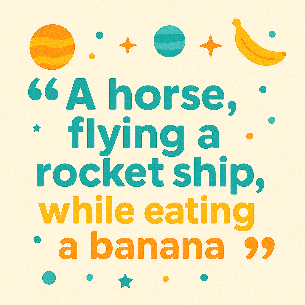Prompt 'A horse flying a rocket ship while eating a banana' in space font, for Coloring.app's AI coloring page generator.