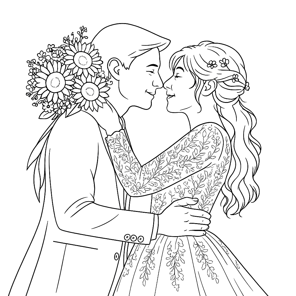 AI-generated coloring page of a bride and groom smiling, generated from a photo on Coloring.app's conversion tool.